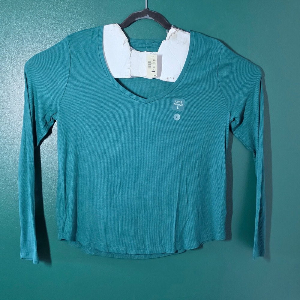 Aeropostale Seriously Soft Perfect V Neck Ribbed Long Sleeve Top Teal Green L